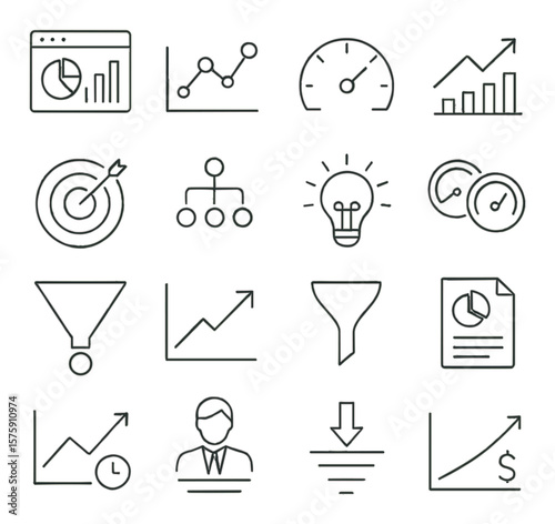 Business Intelligence line art icons. dashboard icon, KPI chart, performance meter, revenue trend, goal tracker, decision tree, insights bulb, metric icon, conversion funnel,