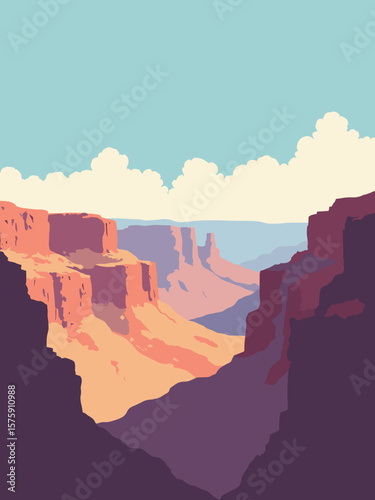 Grand Canyon, USA – layered rock canyon in vibrant strata of rust red, ochre, tan, and blue sky