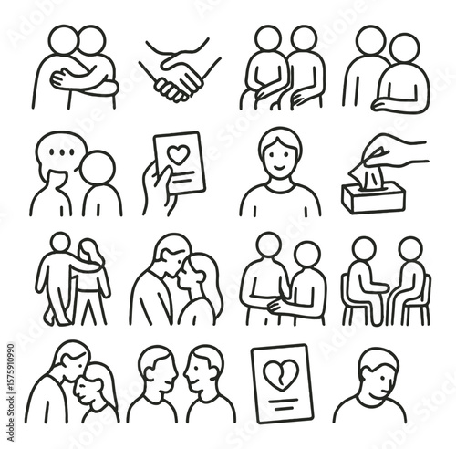 Comforting gestures line art icons. warm hug, hand squeeze, quiet presence, shared look, kind words, handwritten card, gentle smile, tissue handoff, arm around, forehead kiss,