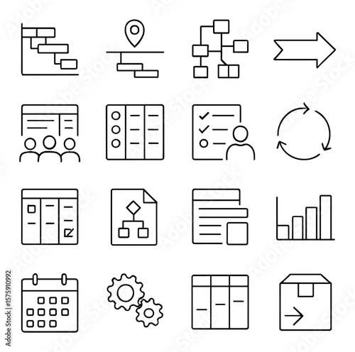 Project Planning line art icons. Gantt chart, milestone icon, task breakdown, timeline arrow, team schedule, planning board, checklist with team, workflow arrows, sprint board,
