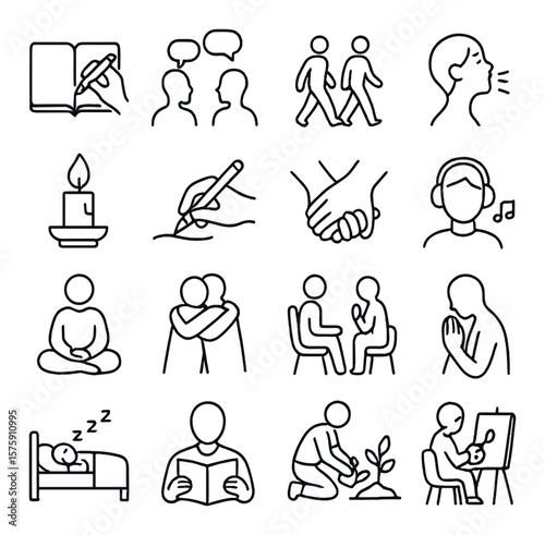 Healing activities line art icons. journaling, talking, walking, breathing, candle lighting, drawing, holding hands, music listening, silent reflection, hugging, therapy session,