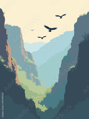 Colca Canyon, Peru – dramatic gorge with condors soaring, rock gray, lush green patches, and pale sky haze