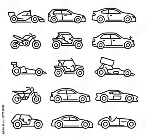 Race vehicles line art icons. formula car, rally car, drift car, go-kart, superbike, off-road buggy, touring car, pit bike, dragster, ATV quad, sprint car, endurance prototype,