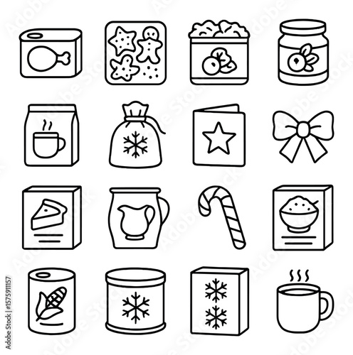 Holiday donations line art icons. canned ham, holiday cookies, stuffing mix, cranberry sauce, hot cocoa mix, festive bag, greeting card, ribbon, pie crust mix, gravy packet, candy
