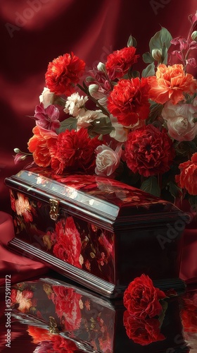 Decorative floral arrangement with deep red carnations and a vintage floral box against rich satin backdrop