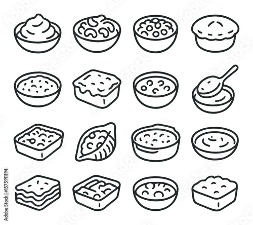 Creamy comfort foods line art icons. mashed potatoes, macaroni and cheese, creamed corn, chicken pot pie, creamy risotto, cheesy bake, chowder bowl, creamy soup spoon, tuna