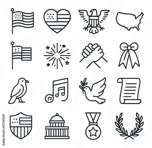 Patriotic symbols line art icons. waving flag, heart with flag, national emblem, map outline, flagpole, fireworks burst, unity hands, patriotic ribbon, national bird, anthem note,