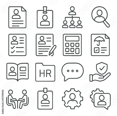 Human resources line art icons. resume file, ID badge, team chart, hiring icon, onboarding checklist, employee contract, payroll icon, time-off request, performance review,