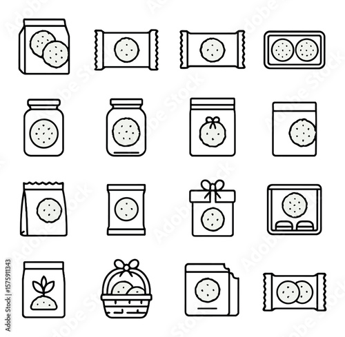 Biscuit packaging line art icons. biscuit box, paper wrapper, foil pack, plastic tray, tin can, glass jar, resealable pouch, cardboard sleeve, kraft bag, labeled packet, gift wrap,