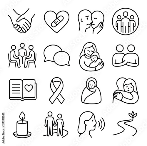 Parental grief support line art icons. holding hands, heart with bandage, empathy symbol, family circle, support group icon, talking bubble, warm hug, shared silence, grief journal