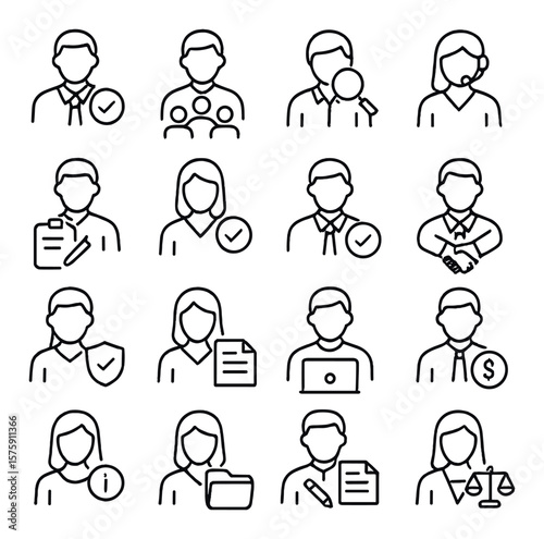 Audit team roles line art icons. lead auditor, audit manager, junior auditor, audit assistant, internal reviewer, quality checker, external partner, compliance officer,