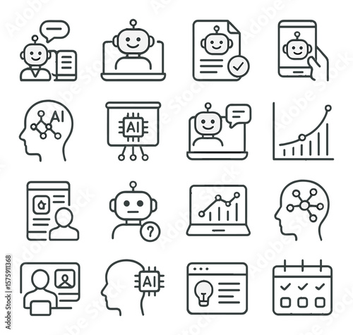 AI in Education line art icons. smart tutor, e-learning bot, AI exam checker, study assistant, adaptive learning, AI lecture icon, feedback generator, course progress, personalized