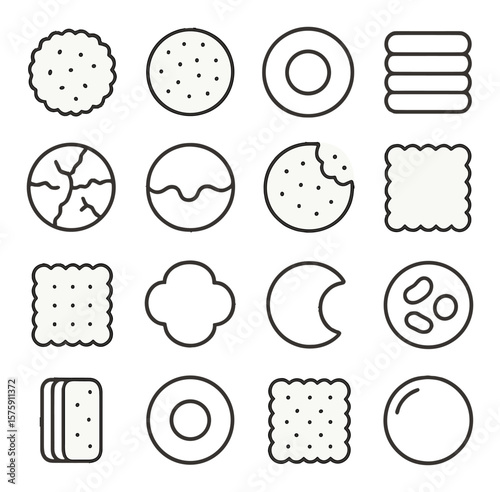 Biscuit textures line art icons. crumbly edge, crispy top, soft center, flaky layer, cracked surface, smooth glaze, crunchy bite, golden brown, sugar crust, airy puff, chewy inside