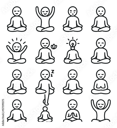 Minimal yoga emotions line art icons. calm, joy, focus, tired, energized, peaceful, inspired, anxious, relieved, sleepy, excited, mindful, confident, balanced, grateful, uplifted.