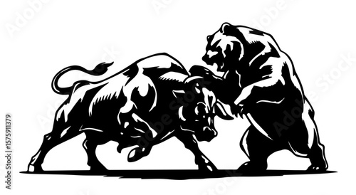 Bull vs Bear Showdown: High-Impact Stock Market Illustration in Monochrome