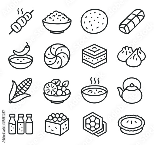 Traditional foods line art icons. grilled meat, rice dish, flatbread, wrapped leaf dish, spicy sauce, sweet pastry, festival cake, dumplings, roasted corn, fruit platter, national