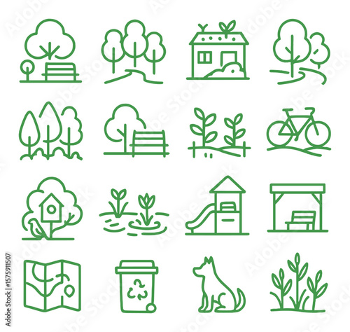Green urban spaces line art icons. public park, tree alley, green roof, walking path, urban forest, garden bench, community garden, bike trail, bird habitat, natural pond,