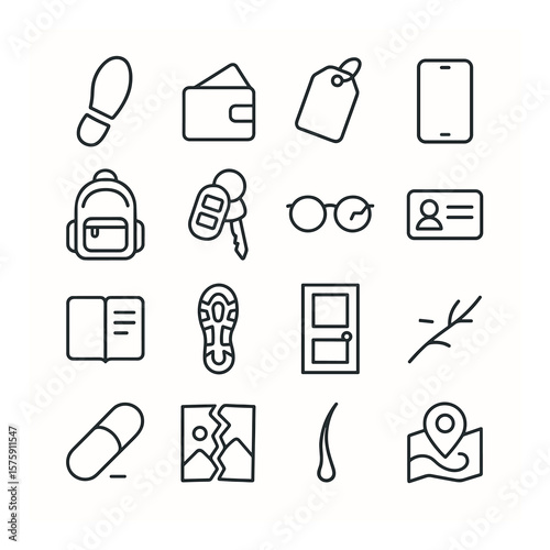 Clues and evidence line art icons. footprint, abandoned item, clothing tag, cell phone, backpack, car keys, broken glasses, ID card, notebook, shoe print, locked door, trail mark,