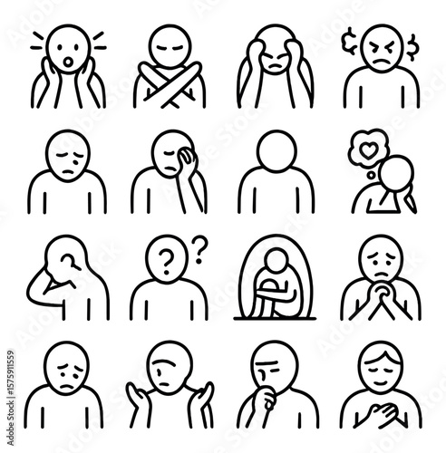 Emotional stages line art icons. shock, denial, guilt, anger, sorrow, despair, numbness, longing, regret, confusion, loneliness, anxiety, sadness, helplessness, reflection,