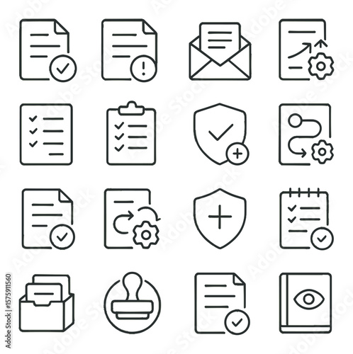 Audit outcomes and actions line art icons. clean opinion, qualified opinion, management letter, improvement plan, issue log, closure checklist, control update, revised process,