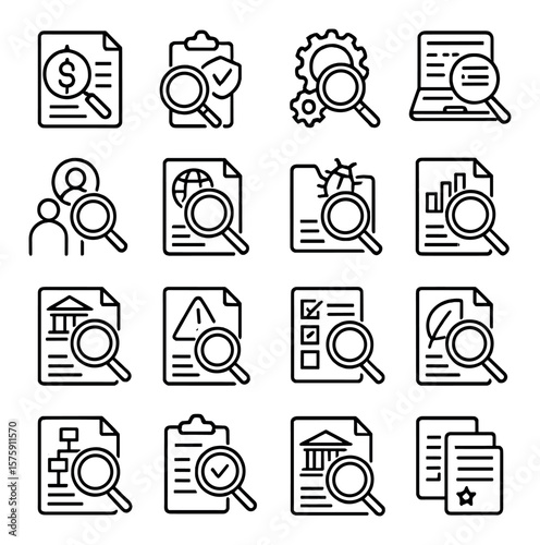 Types of audits line art icons. financial audit, compliance audit, operational audit, IT audit, internal audit, external audit, forensic audit, performance audit, tax audit, vendor