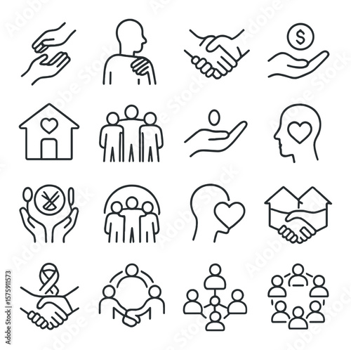 Community Support line art icons. helping hands, hand on shoulder, handshake with heart, donation icon, shelter building, group support, open hand, volunteer symbol, shared meal,