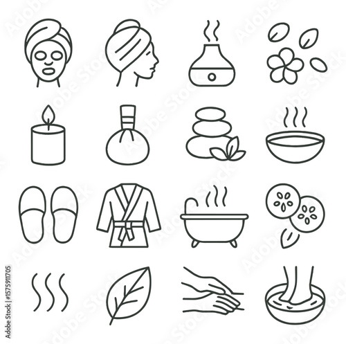 Spa and relaxation line art icons. face mask, towel wrap, essential oil diffuser, flower petals, candle, herbal compress, hot stones, spa bowl, slippers, robe, bath tub, cucumber