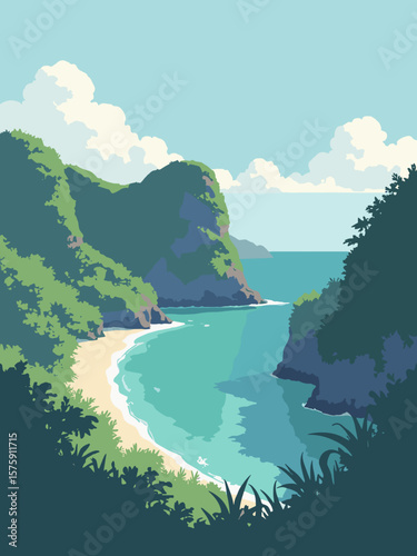 Palawan, Philippines – limestone cliffs rising from emerald waters with jungle green, aqua sea, and cloudy skies