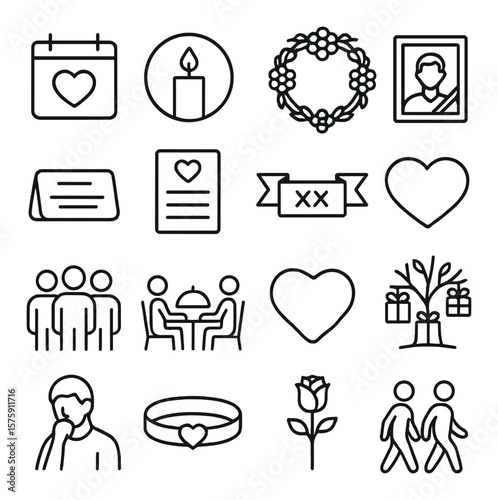 Anniversary memorials line art icons. calendar heart, candle circle, flower wreath, framed photo, name card, poem page, date ribbon, tribute message, group gathering, shared meal,