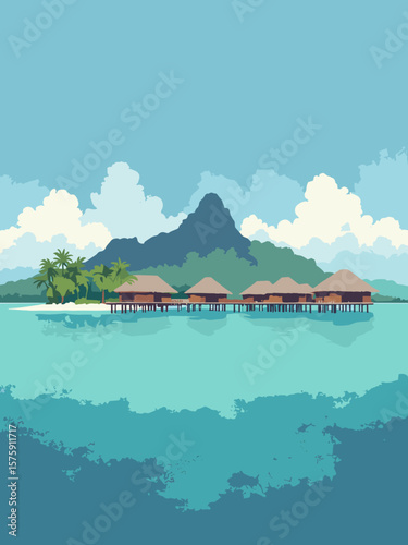 Bora Bora, French Polynesia – overwater bungalows on turquoise lagoon with palm green, sky blue, and coral reef hues