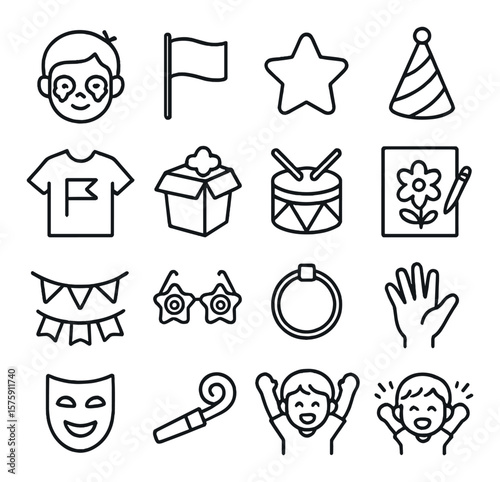 Kids’ celebration line art icons. face paint, mini flag, star sticker, party hat, flag shirt, snack box, small drum, coloring sheet, kids’ banner, fun glasses, glow bracelet,