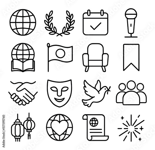 Poetry day celebration line art icons. world globe, laurel wreath, calendar mark, microphone icon, open book globe, world flag, poetry reading chair, bookmark ribbon, unity hands,