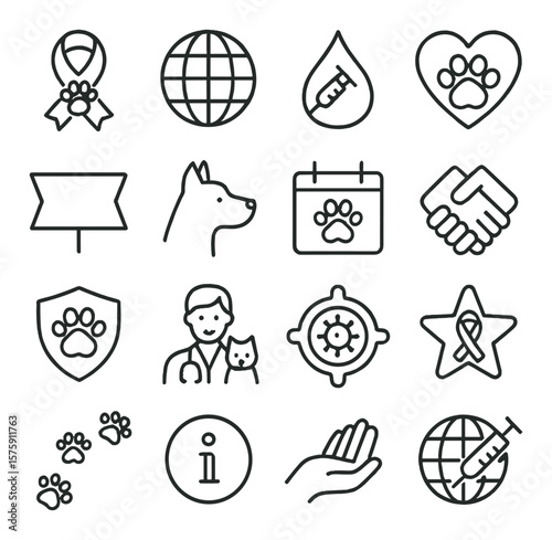 World Rabies Day symbols line art icons. ribbon with paw, globe icon, vaccine drop, heart and paw, awareness banner, dog silhouette, calendar mark, unity hands, protection shield,
