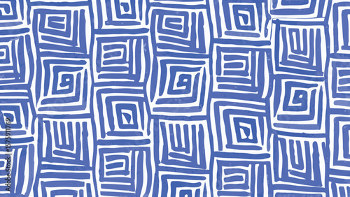 Blue and white abstract pattern featuring maze like square designs in a repeating tiled format