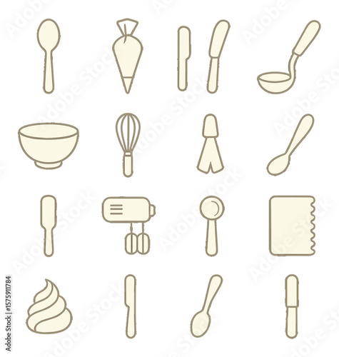 Cream-themed utensils line art icons. dessert spoon, pastry bag, butter knife, cream ladle, mixing bowl, whisk, piping nozzle, tasting spoon, spatula, hand mixer, scoop tool, cake