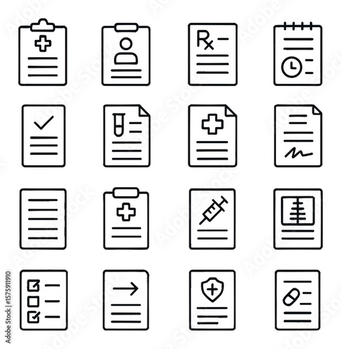Healthcare documents line art icons. medical report, patient chart, prescription sheet, appointment note, treatment plan, lab results, insurance claim, consent form, health history
