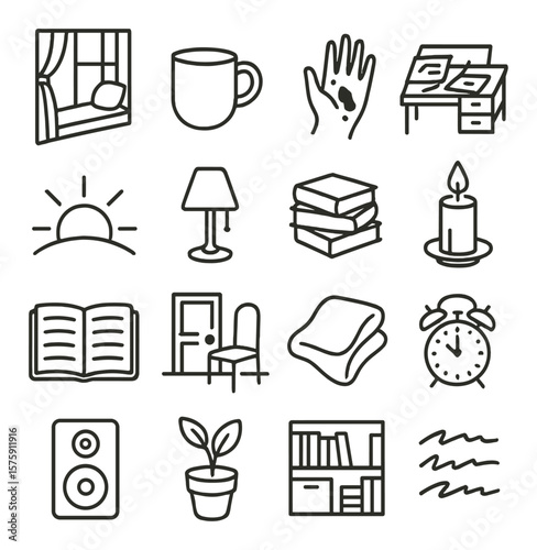 Poet lifeicons. line art icons. window seat, coffee mug, ink-stained hand, cluttered desk, morning sun, evening lamp, book stack, candlelight, open journal, quiet room, soft