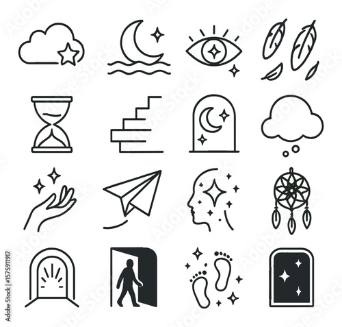 Dream Symbols line art icons. cloud with star, moon over waves, eye with sparkles, falling feathers, time hourglass, floating stairs, celestial door, dream bubble, hand reaching