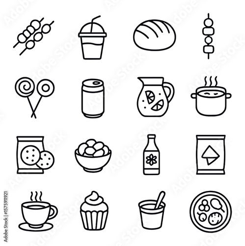 Festival foods and drinks line art icons. grilled skewers, juice cup, festival bread, fruit kebab, sugar treats, soda can, lemonade jug, traditional stew, cookie pack, roasted nuts