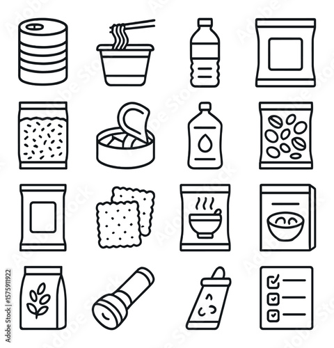 Emergency food bags line art icons. canned goods, instant noodles, protein bars, bottled water, survival ration pack, vacuum rice, canned tuna, energy gel, trail mix, MRE pouch,