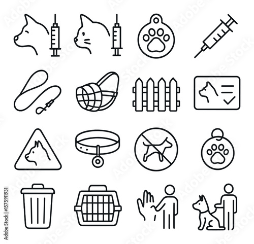 Rabies prevention line art icons. dog vaccine, cat vaccine, rabies tag, vet syringe, animal leash, muzzle, fenced yard, vaccination card, warning sign, animal collar, pet ID tag,