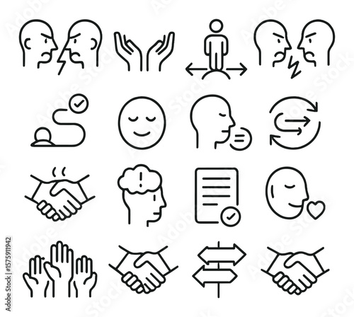 Conflict Management line art icons. disagreement icon, mediation hands, neutral ground, tension icon, resolve path, empathy face, calm speech, discussion arrows, handshake after