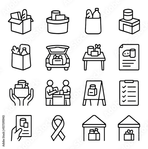 Food drive collection line art icons. donation box, labeled bin, shopping bag, food stack, grocery bag, trunk drop-off, table display, flyer, canned goods, giving hands, packing