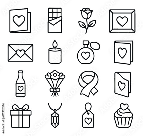 Romantic gift boxes line art icons. heart note, chocolate bar, rose, photo frame, love letter, candle, perfume bottle, jewelry box, wine bottle, flower bouquet, silk scarf,