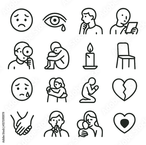 Emotions and response line art icons. anxious face, crying eye, lost in thought, holding photo, searching gaze, curled posture, hope candle, waiting chair, tear on cheek,