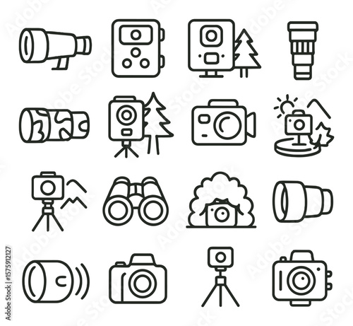Cameras in nature line art icons. birdwatching lens, wildlife trail cam, camera trap, zoom telephoto, camouflage camera, forest tripod, night vision cam, time-lapse setup, mountain