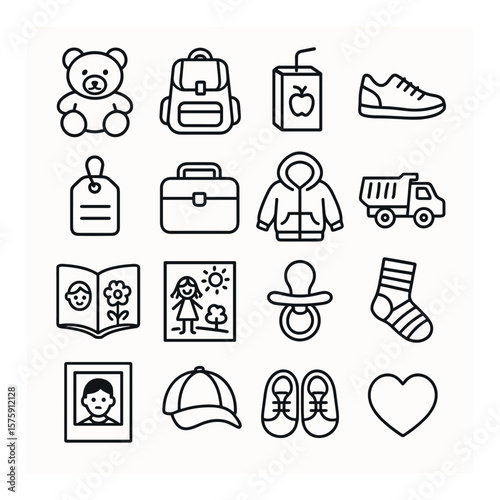 Missing children items line art icons. teddy bear, school bag, juice box, lost shoe, name tag, lunchbox, small hoodie, toy truck, picture book, child’s drawing, pacifier, striped