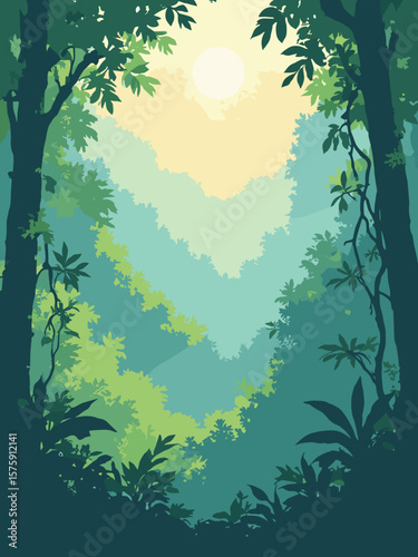 Amazon Rainforest, Brazil – dense jungle canopy in lush emerald green, mist white, and sunbeam gold