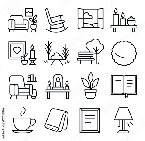 Comforting spaces line art icons. peaceful room, rocking chair, open window, candle shelf, memory corner, quiet garden, shaded bench, soft rug, reading nook, prayer altar, indoor