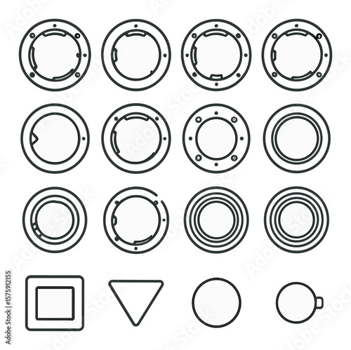 Photography lens mounts line art icons. EF mount, F mount, E mount, RF mount, L mount, Micro Four Thirds, PL mount, C mount, screw mount, bayonet mount, mount adapter, T mount, M42